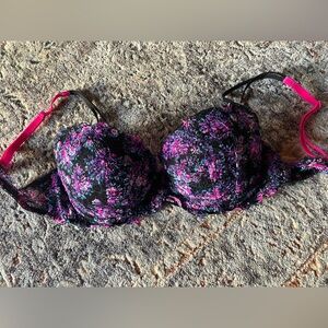 PINK Victoria's Secret Black and Purple Floral Lace Bra